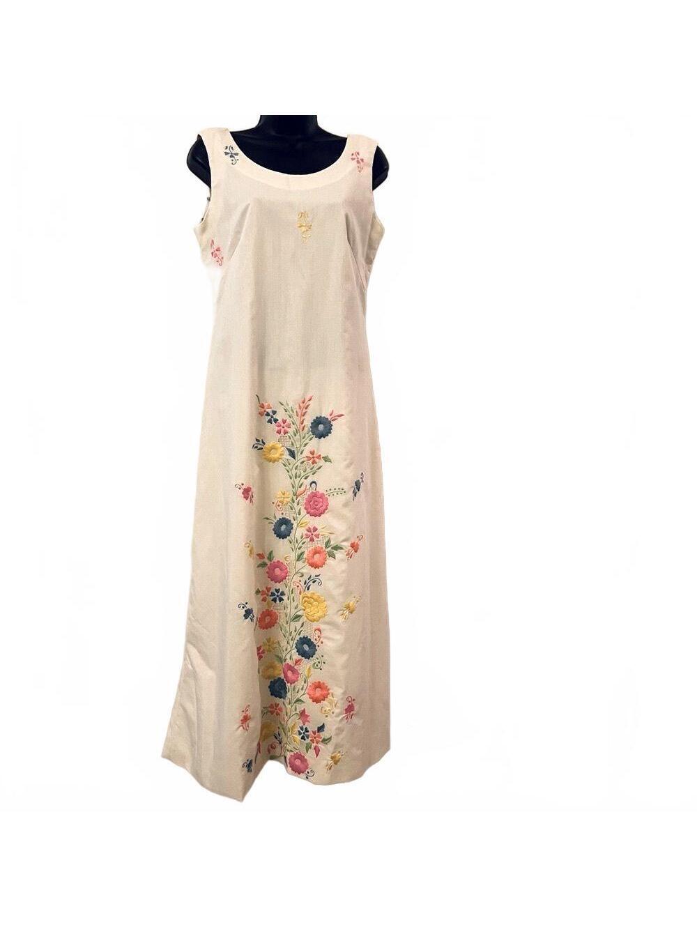 60s Maxi Dress Embroidered floral Off White Sleeveless Prairie Hippie Boho S